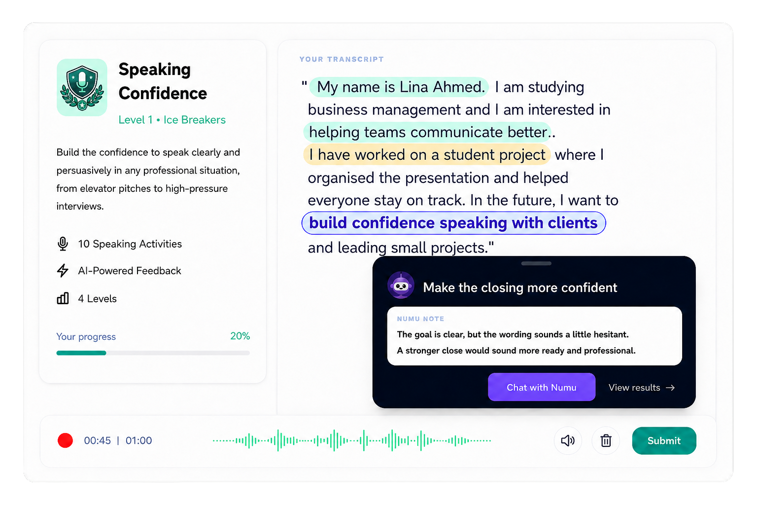 NUMU speaking confidence feature preview